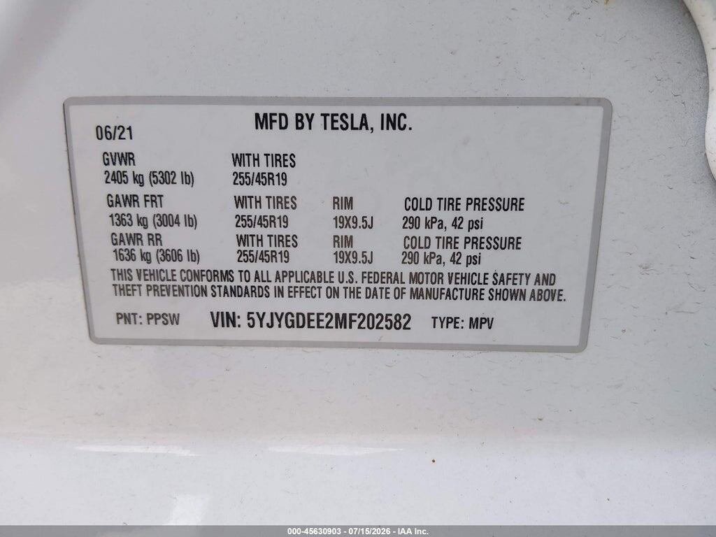 5YJYGDEE2MF202582 2021 TESLA MODEL Y photo no. 9