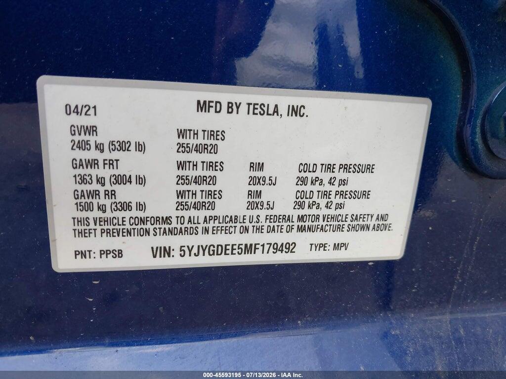 5YJYGDEE5MF179492 2021 TESLA MODEL Y photo no. 9