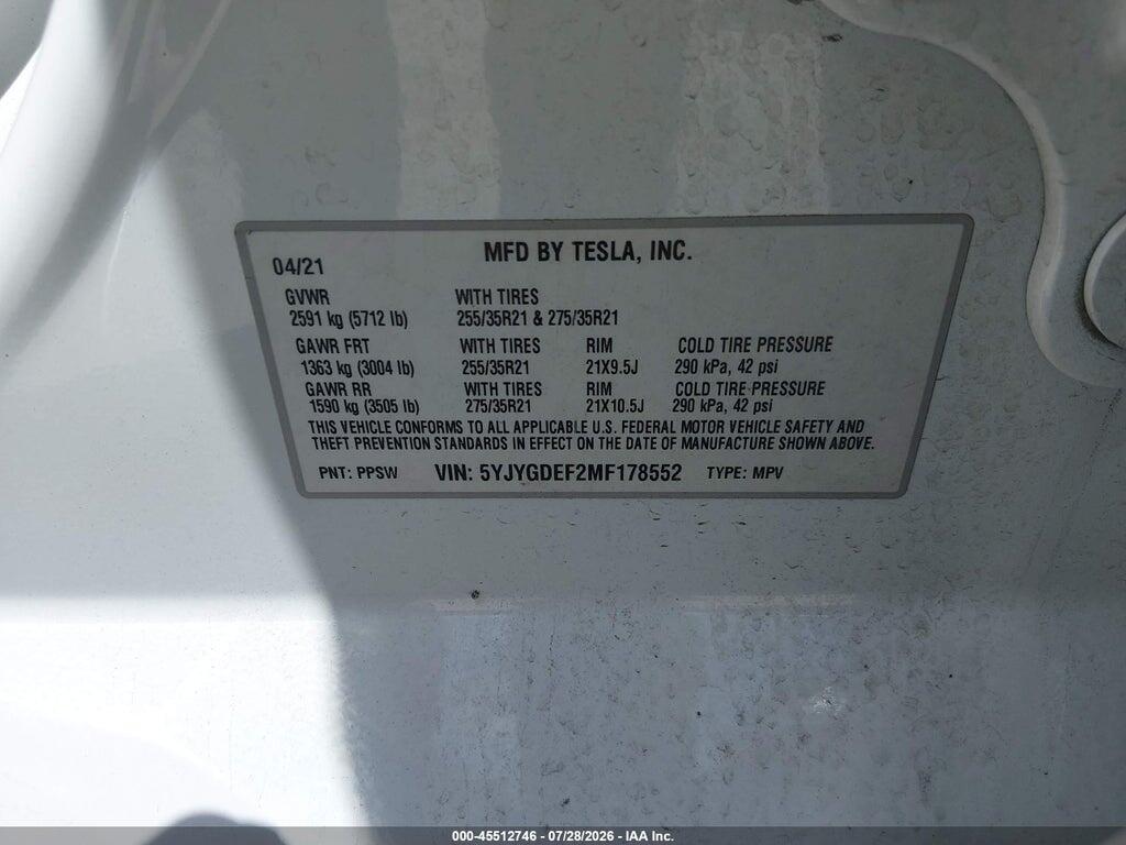 5YJYGDEF2MF178552 2021 TESLA MODEL Y photo no. 9