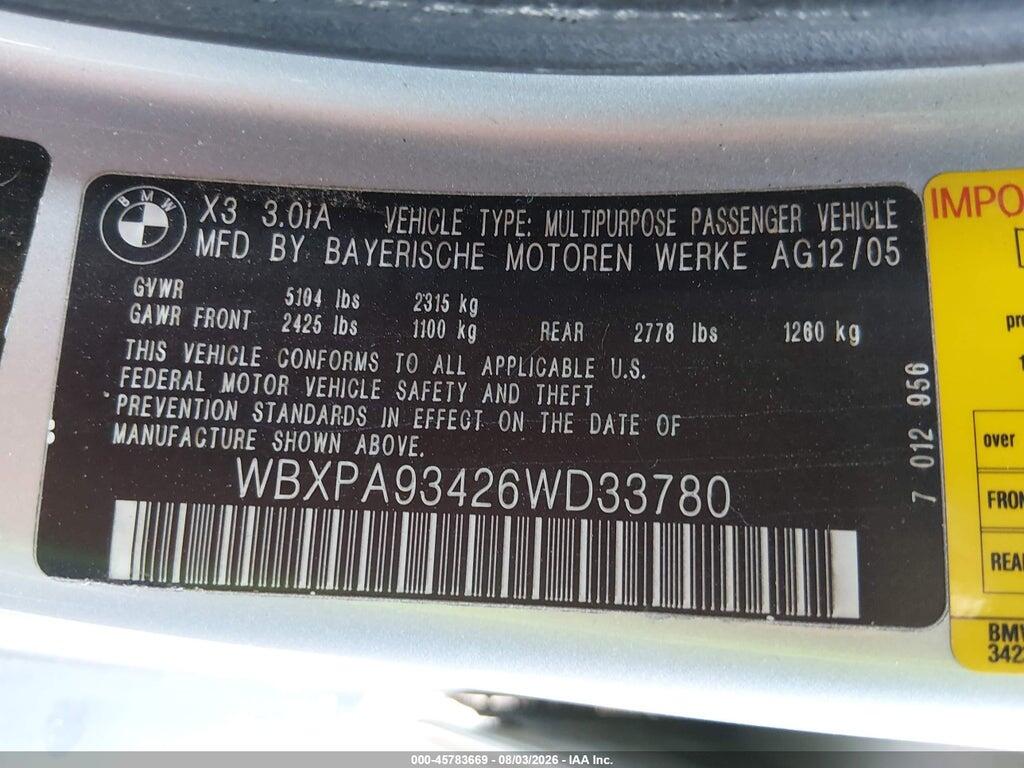 WBXPA93426WD33780 2006 BMW X3 photo no. 9