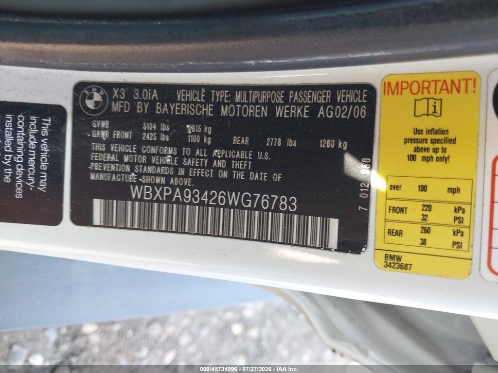 WBXPA93426WG76783 2006 BMW X3 photo no. 9