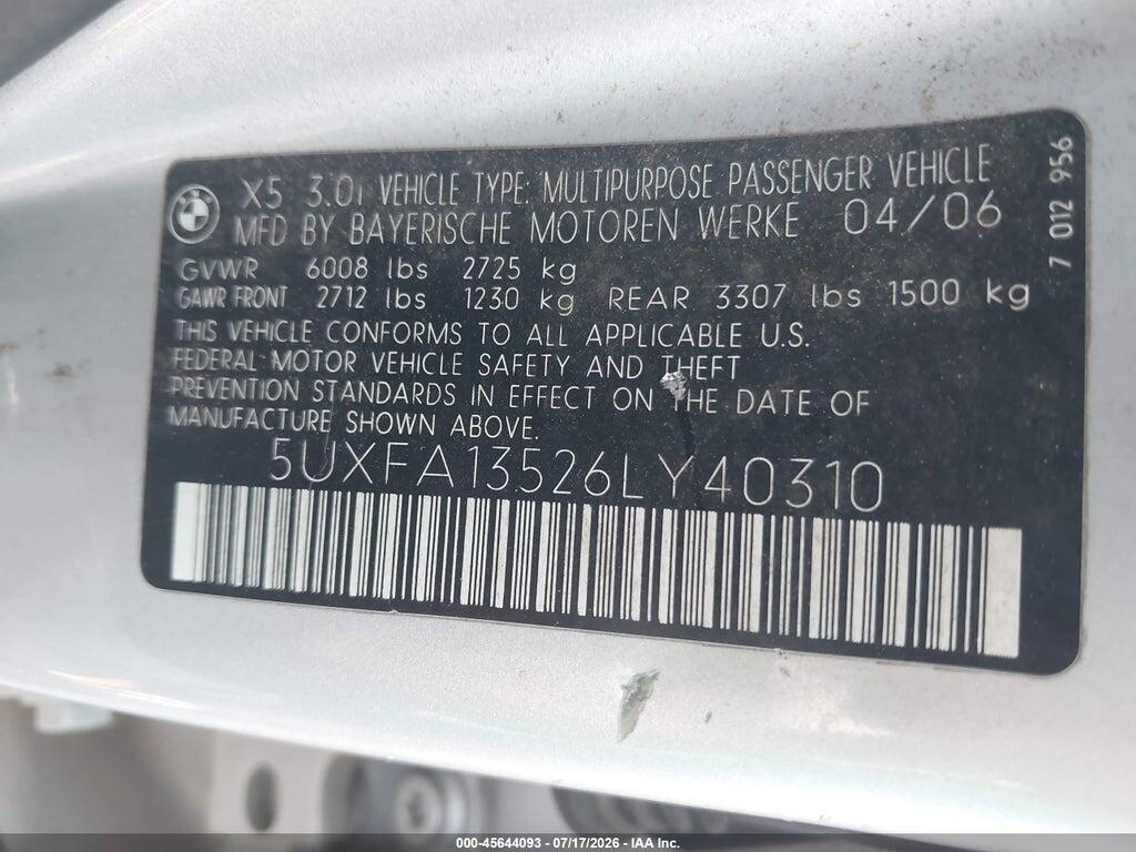 5UXFA13526LY40310 2006 BMW X5 photo no. 9