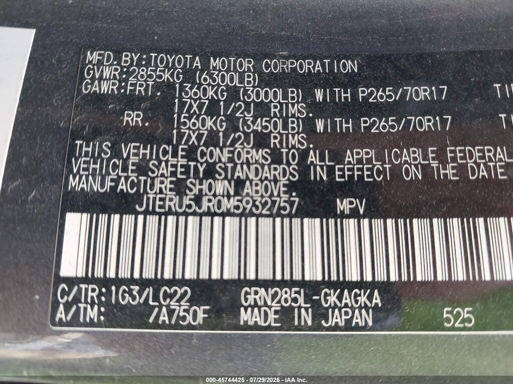 JTERU5JR0M5932757 2021 TOYOTA 4RUNNER photo no. 9