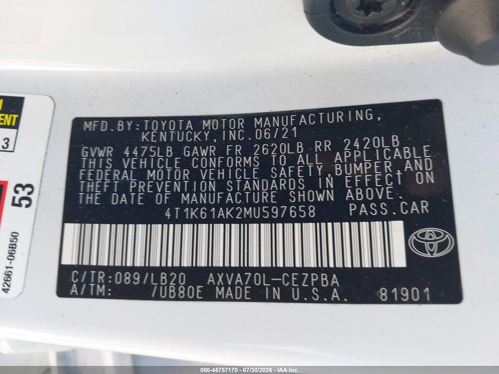 4T1K61AK2MU597658 2021 TOYOTA CAMRY photo no. 9