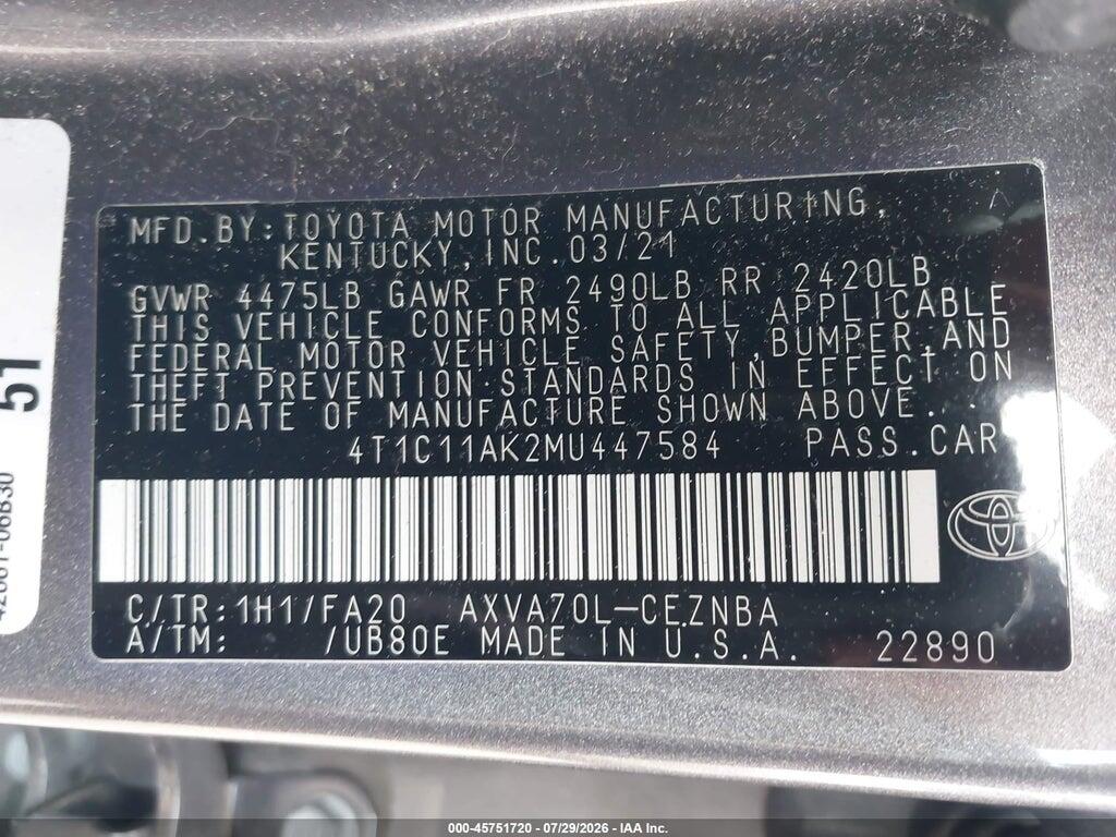 4T1T11AK2MU447584 2021 TOYOTA CAMRY photo no. 9