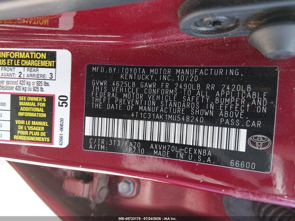 4T1C31AK1MU548240 2021 TOYOTA CAMRY photo no. 9