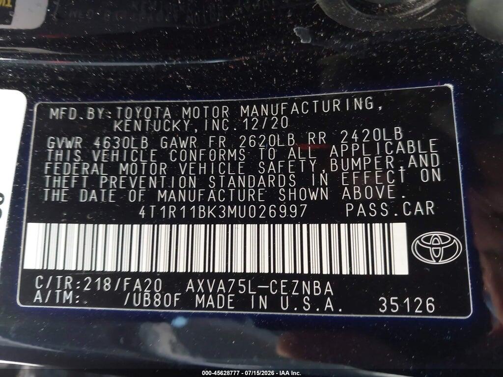 4T1R11BK3MU026997 2021 TOYOTA CAMRY photo no. 9