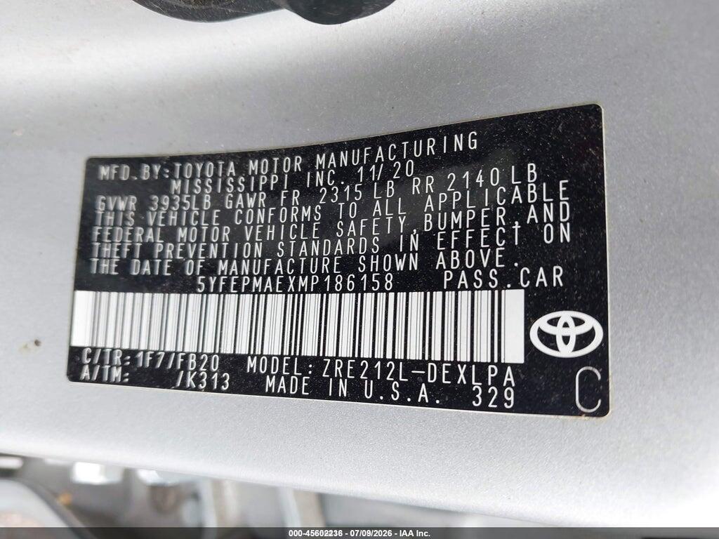 5YFEPMAEXMP186158 2021 TOYOTA COROLLA photo no. 9