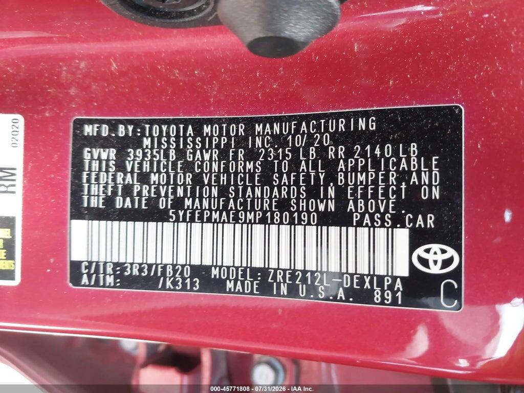 5YFEPMAE9MP180190 2021 TOYOTA COROLLA photo no. 9