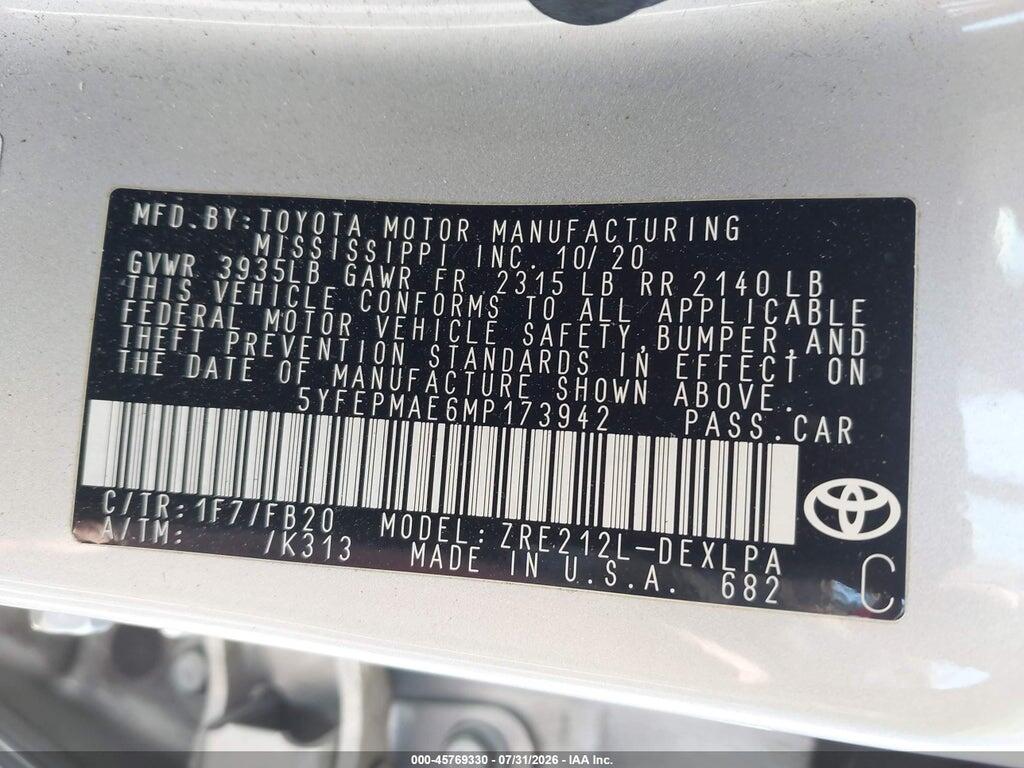 5YFEPMAE6MP173942 2021 TOYOTA COROLLA photo no. 9