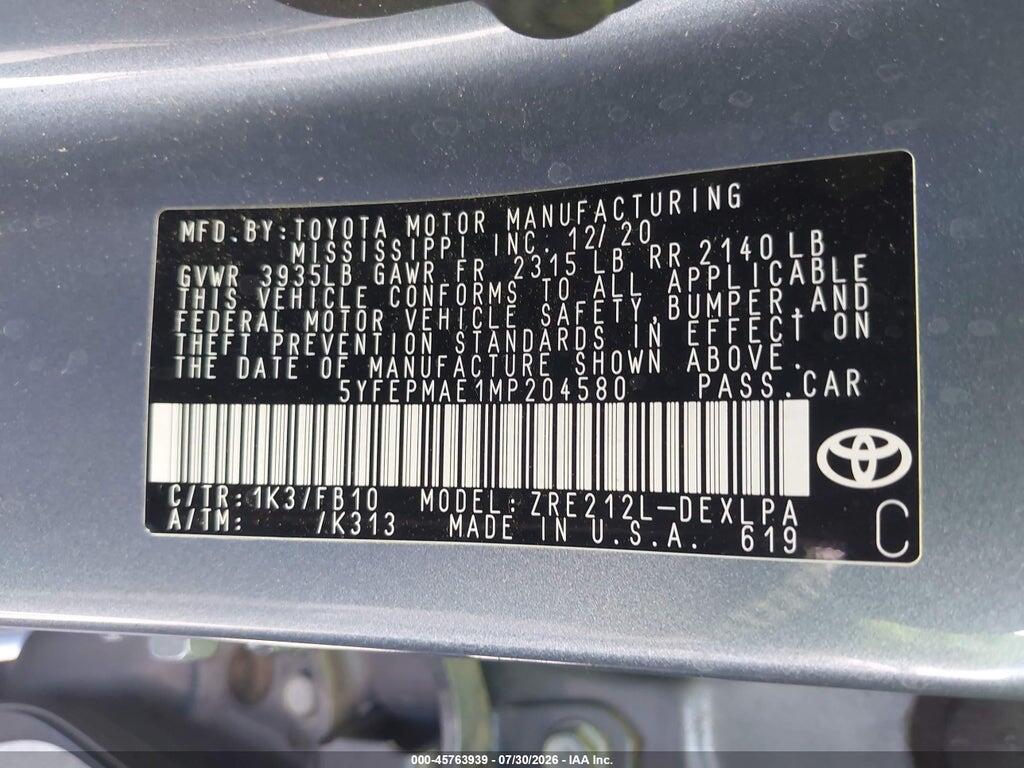 5YFEPMAE1MP204580 2021 TOYOTA COROLLA photo no. 9