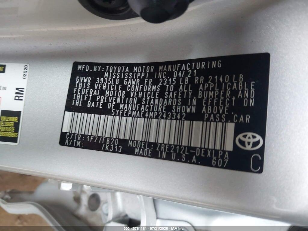 5YFEPMAE4MP243342 2021 TOYOTA COROLLA photo no. 9