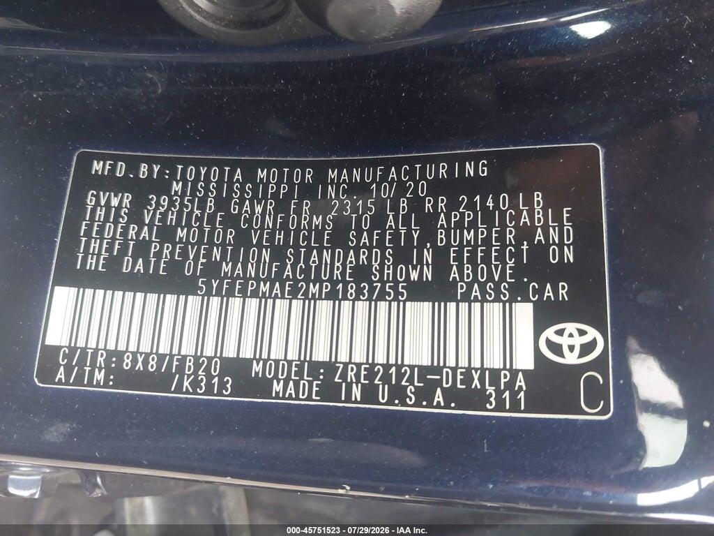5YFEPMAE2MP183755 2021 TOYOTA COROLLA photo no. 9