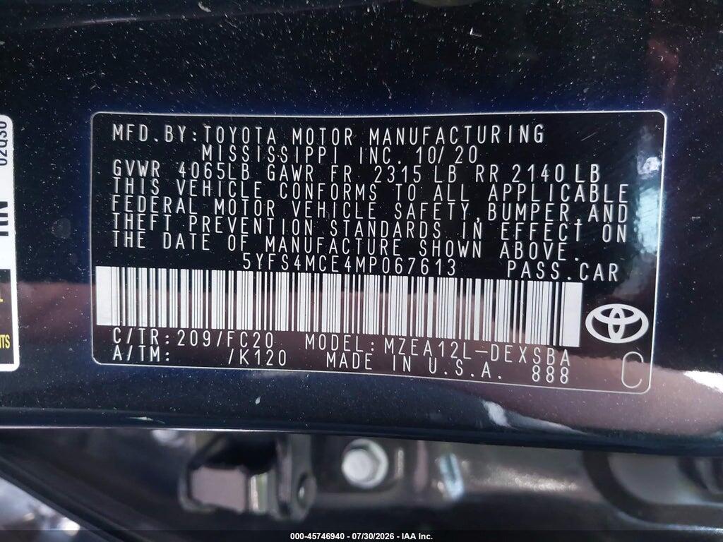 5YFS4MCE4MP067613 2021 TOYOTA COROLLA photo no. 9