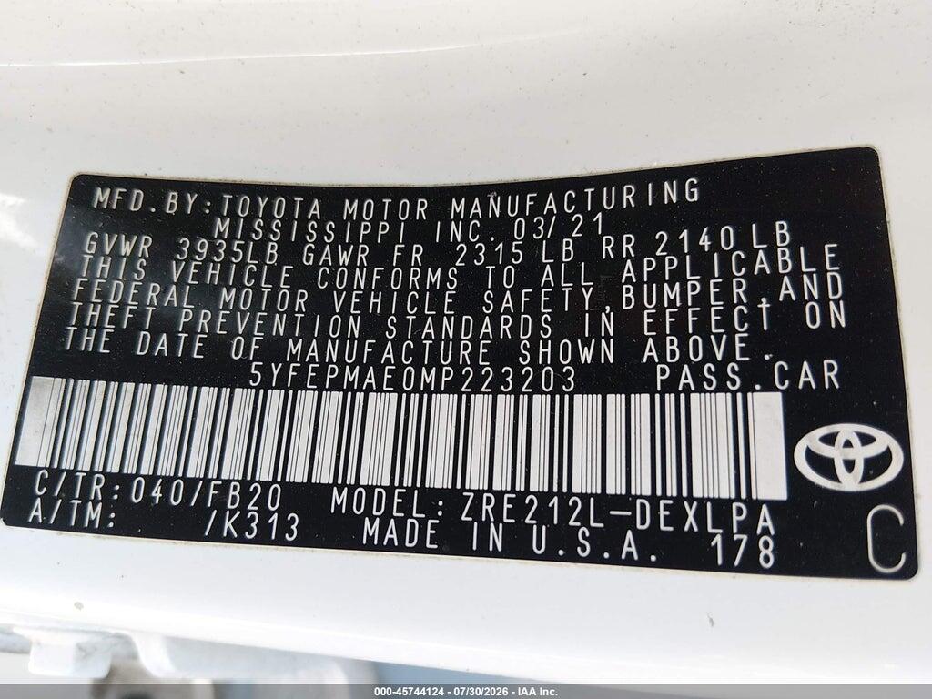 5YFEPMAE0MP223203 2021 TOYOTA COROLLA photo no. 9
