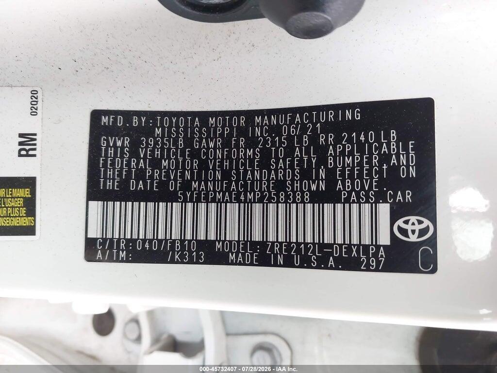 5YFEPMAE4MP258388 2021 TOYOTA COROLLA photo no. 9