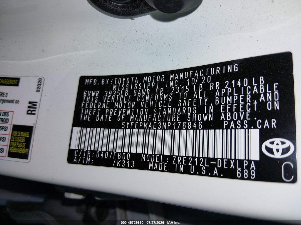 5YFEPMAE3MP176846 2021 TOYOTA COROLLA photo no. 9