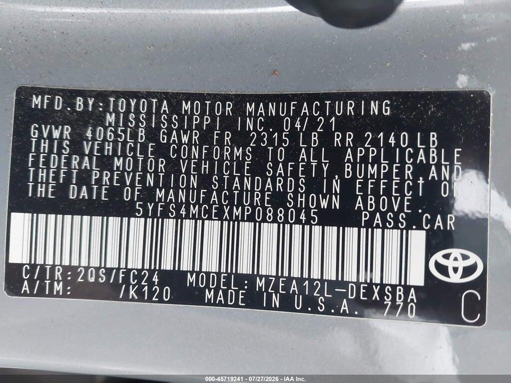5YFS4MCEXMP088045 2021 TOYOTA COROLLA photo no. 9