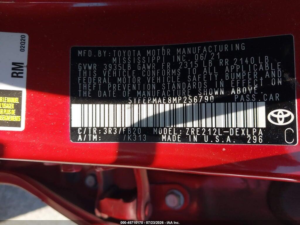 5YFEPMAE8MP256790 2021 TOYOTA COROLLA photo no. 9
