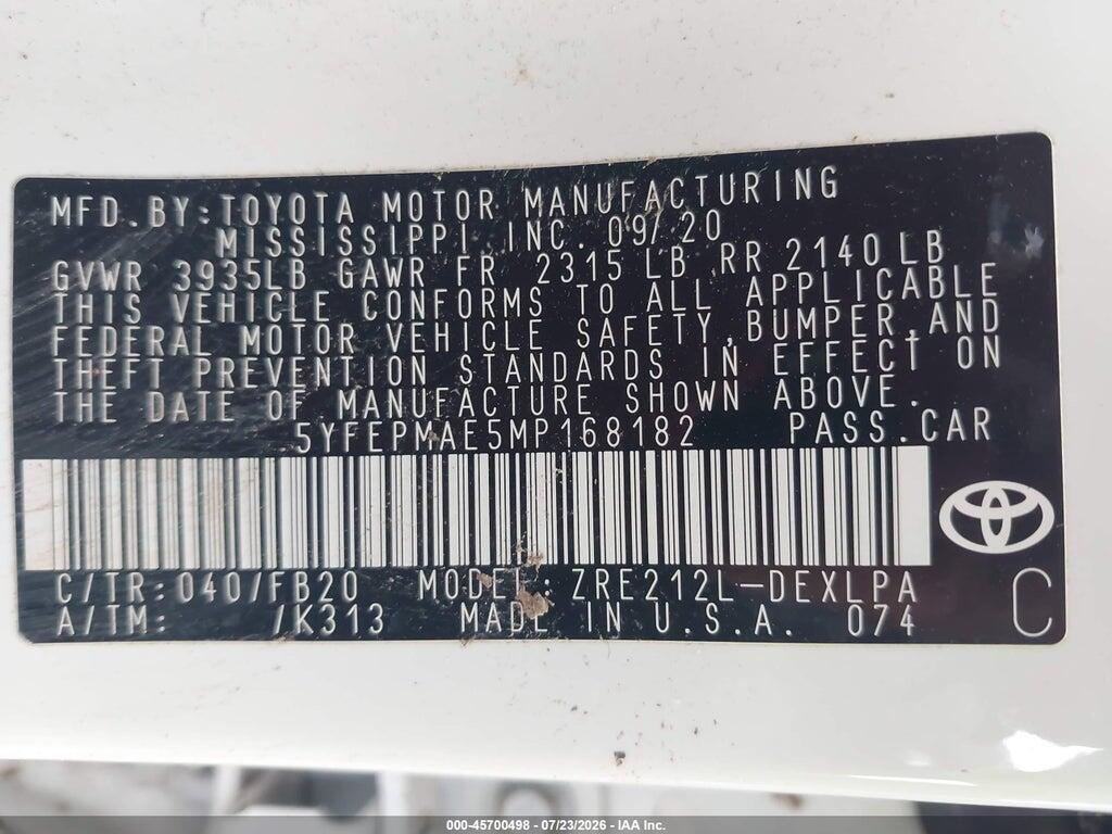 5YFEPMAE5MP168182 2021 TOYOTA COROLLA photo no. 9