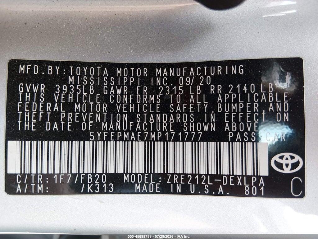 5YFEPMAE7MP171777 2021 TOYOTA COROLLA photo no. 9
