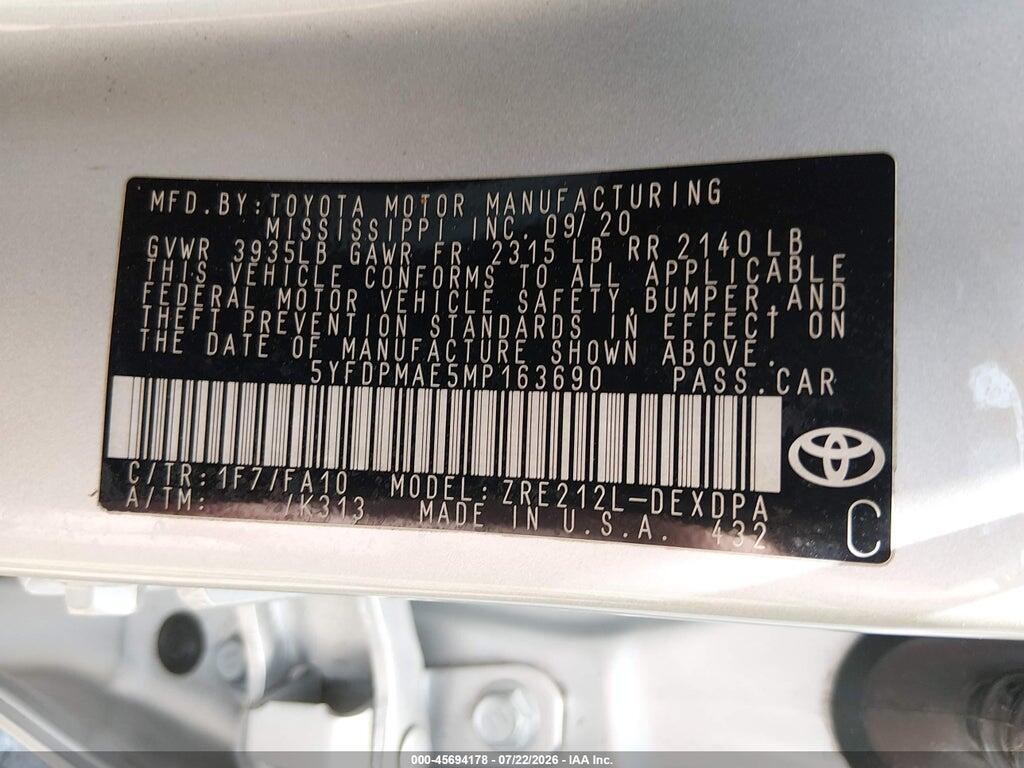 5YFDPMAE5MP163690 2021 TOYOTA COROLLA photo no. 9