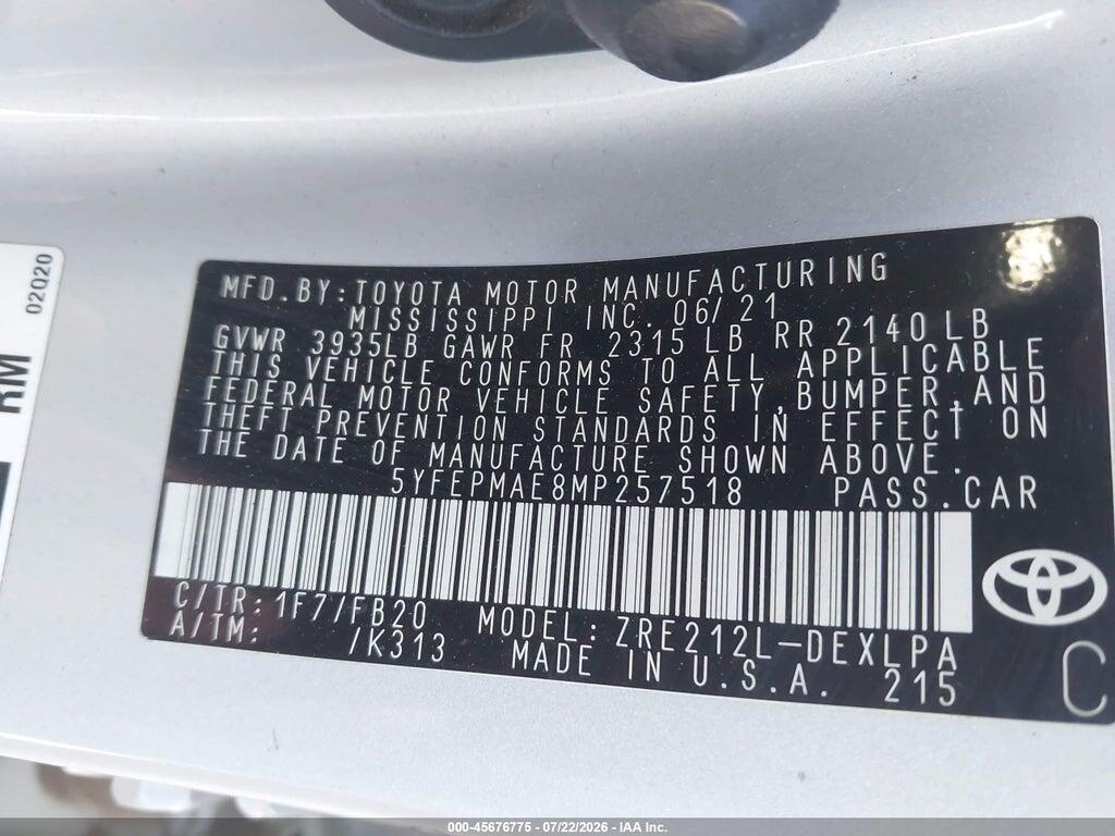 5YFEPMAE8MP257518 2021 TOYOTA COROLLA photo no. 9