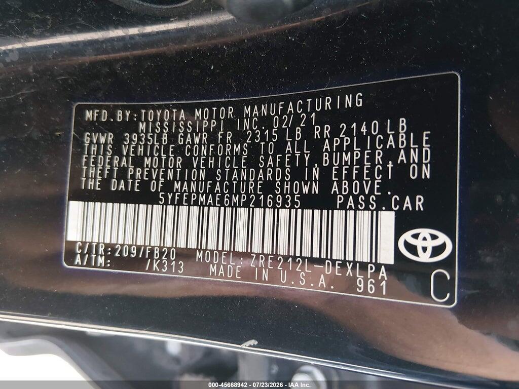 5YFEPMAE6MP216935 2021 TOYOTA COROLLA photo no. 9