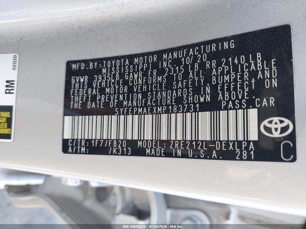 5YFEPMAEXMP183731 2021 TOYOTA COROLLA photo no. 9