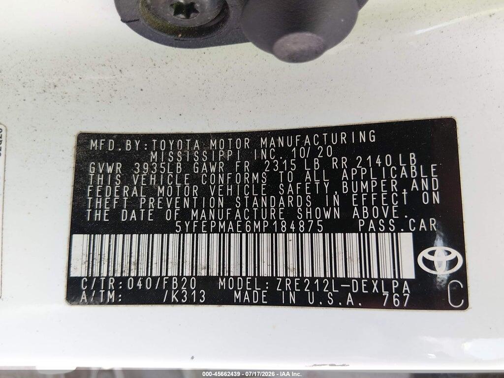 5YFEPMAE6MP184875 2021 TOYOTA COROLLA photo no. 9