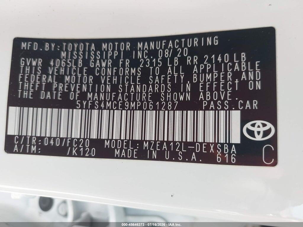 5YFS4MCE9MP061287 2021 TOYOTA COROLLA photo no. 9