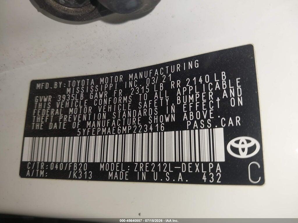 5YFEPMAE6MP223416 2021 TOYOTA COROLLA photo no. 9