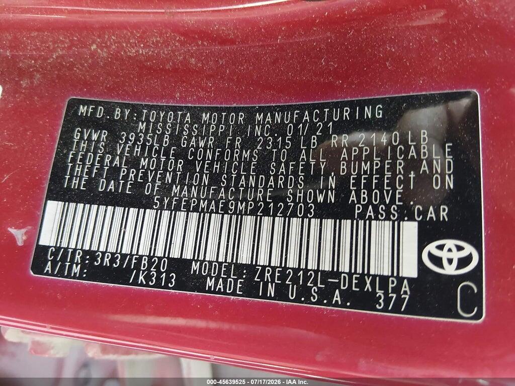 5YFEPMAE9MP212703 2021 TOYOTA COROLLA photo no. 9