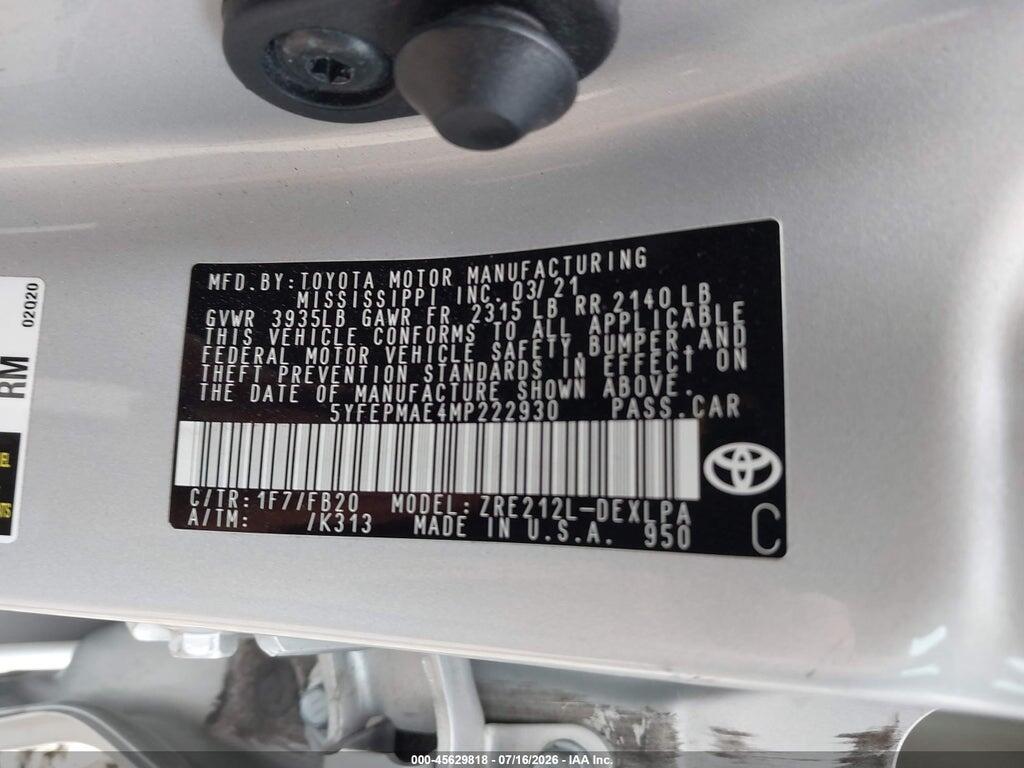 5YFEPMAE4MP222930 2021 TOYOTA COROLLA photo no. 9