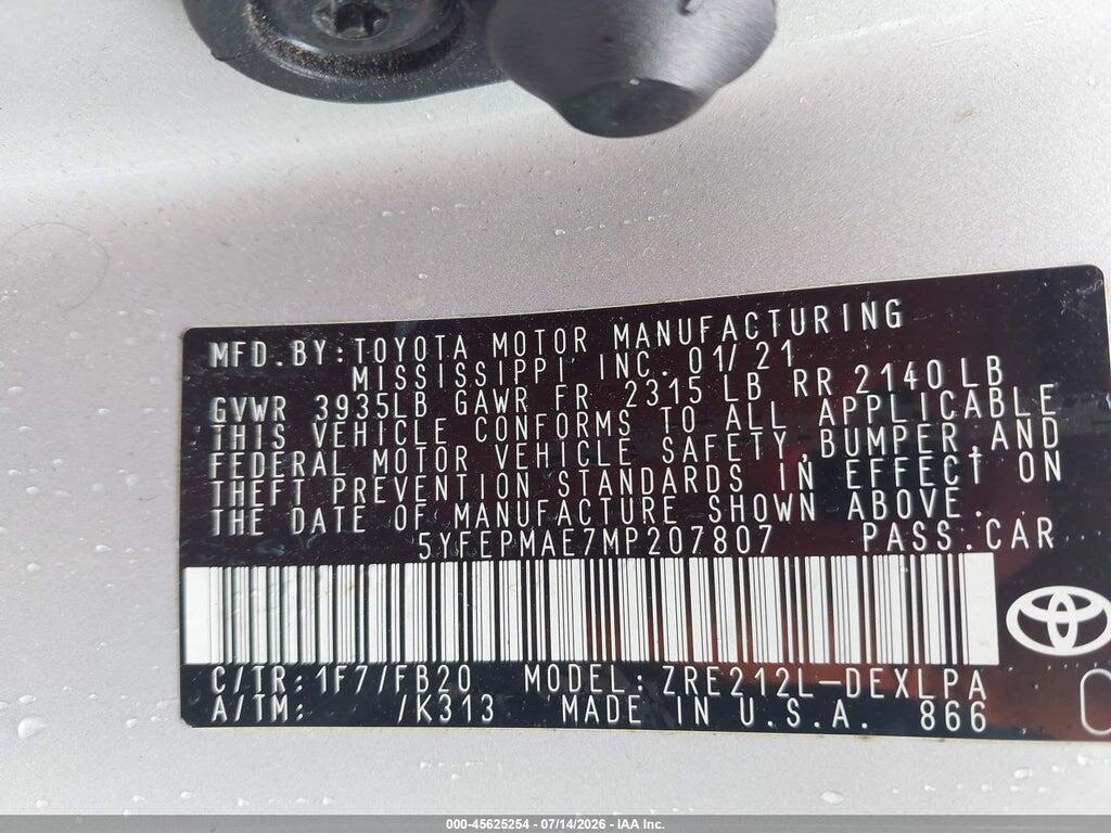 5YFEPMAE7MP207807 2021 TOYOTA COROLLA photo no. 9