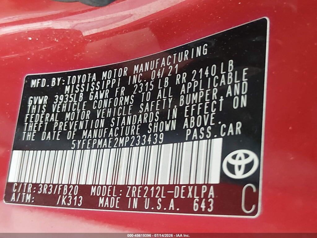 5YFEPMAE2MP233439 2021 TOYOTA COROLLA photo no. 9