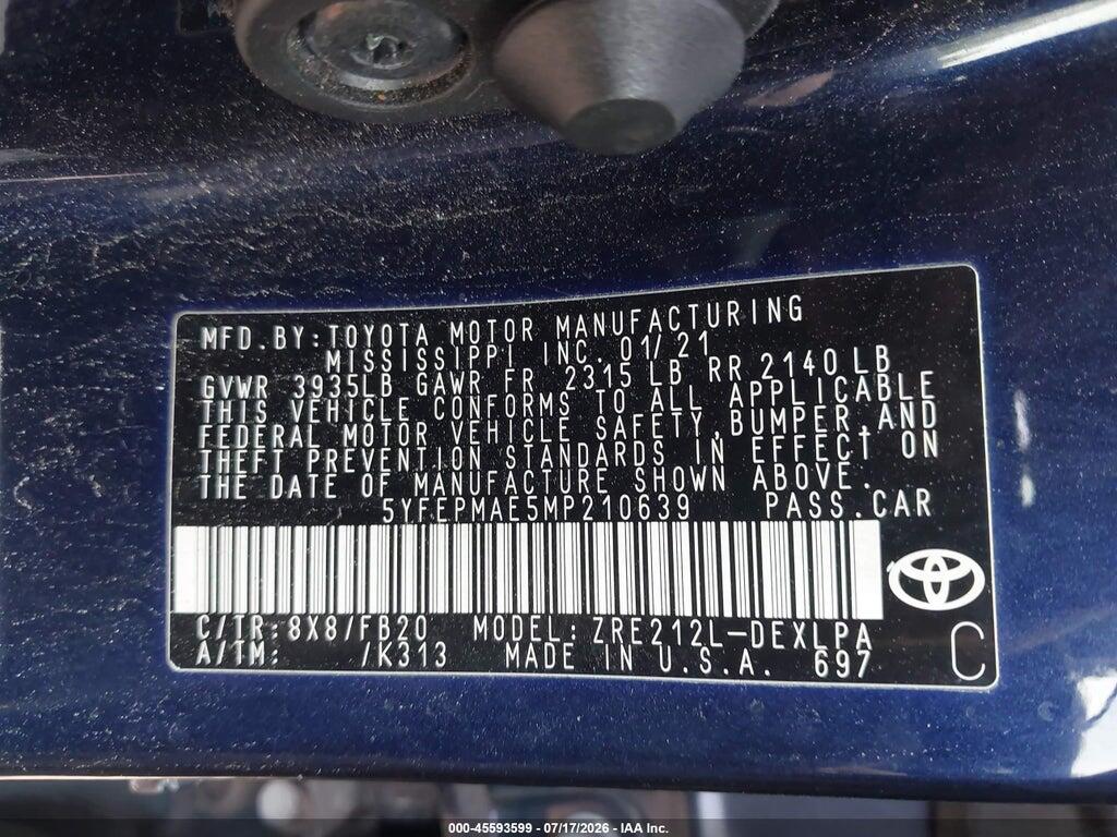 5YFEPMAE5MP210639 2021 TOYOTA COROLLA photo no. 9