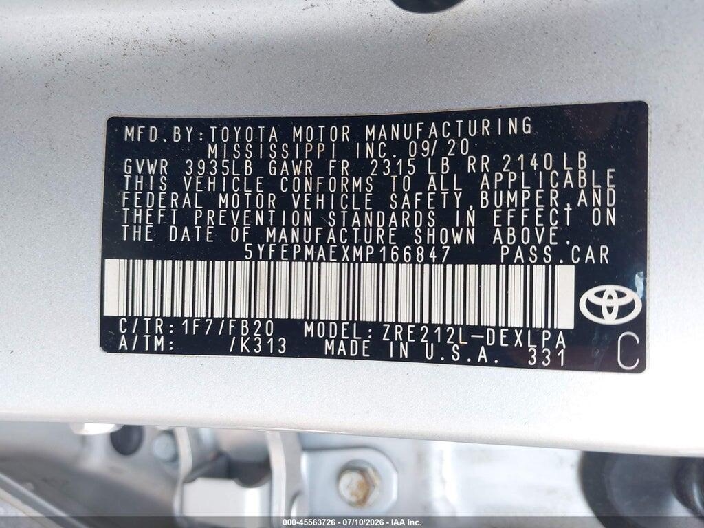 5YFEPMAEXMP166847 2021 TOYOTA COROLLA photo no. 9