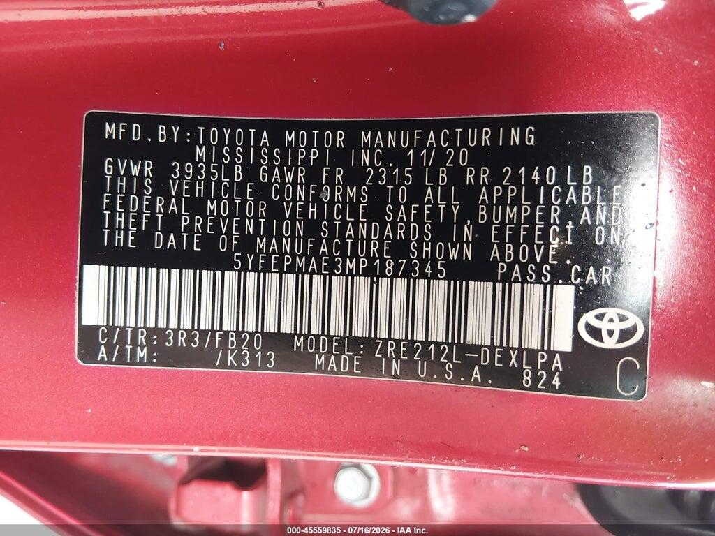 5YFEPMAE3MP187345 2021 TOYOTA COROLLA photo no. 9
