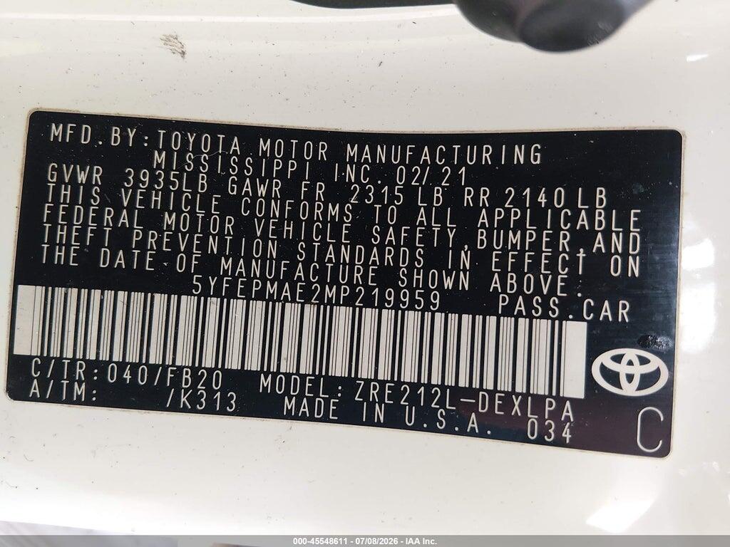 5YFEPMAE2MP219959 2021 TOYOTA COROLLA photo no. 9