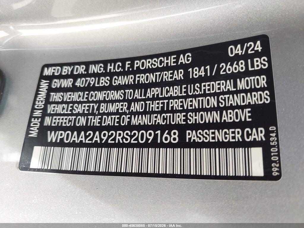 WP0AA2A92RS209168 2024 PORSCHE 911 photo no. 9