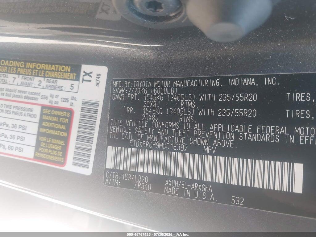 5TDXBRCH9MS016392 2021 TOYOTA HIGHLANDER photo no. 9