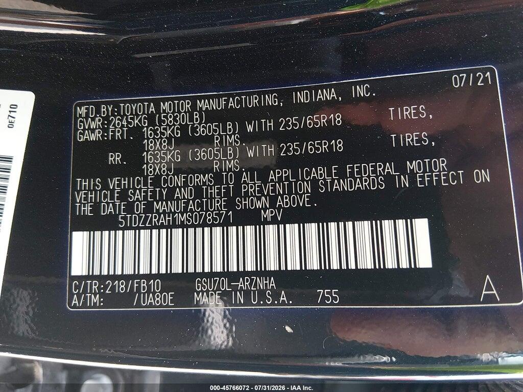 5TDZZRAH1MS078571 2021 TOYOTA HIGHLANDER photo no. 9