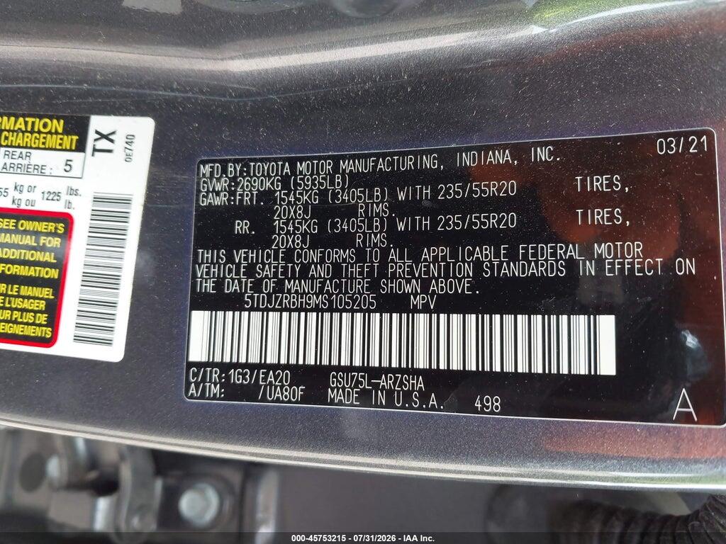 5TDJZRBH9MS105205 2021 TOYOTA HIGHLANDER photo no. 9