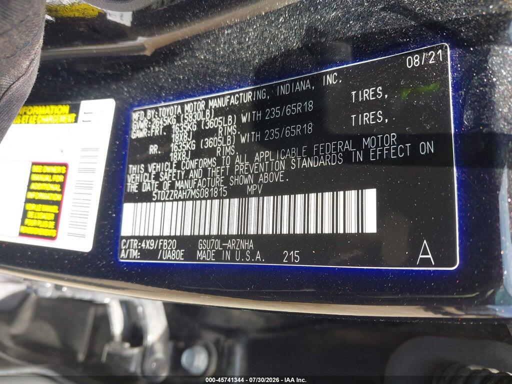 5TDZZRAH7MS081815 2021 TOYOTA HIGHLANDER photo no. 9