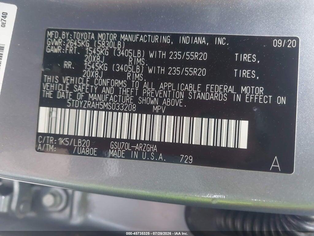 5TDYZRAH5MS033208 2021 TOYOTA HIGHLANDER photo no. 9