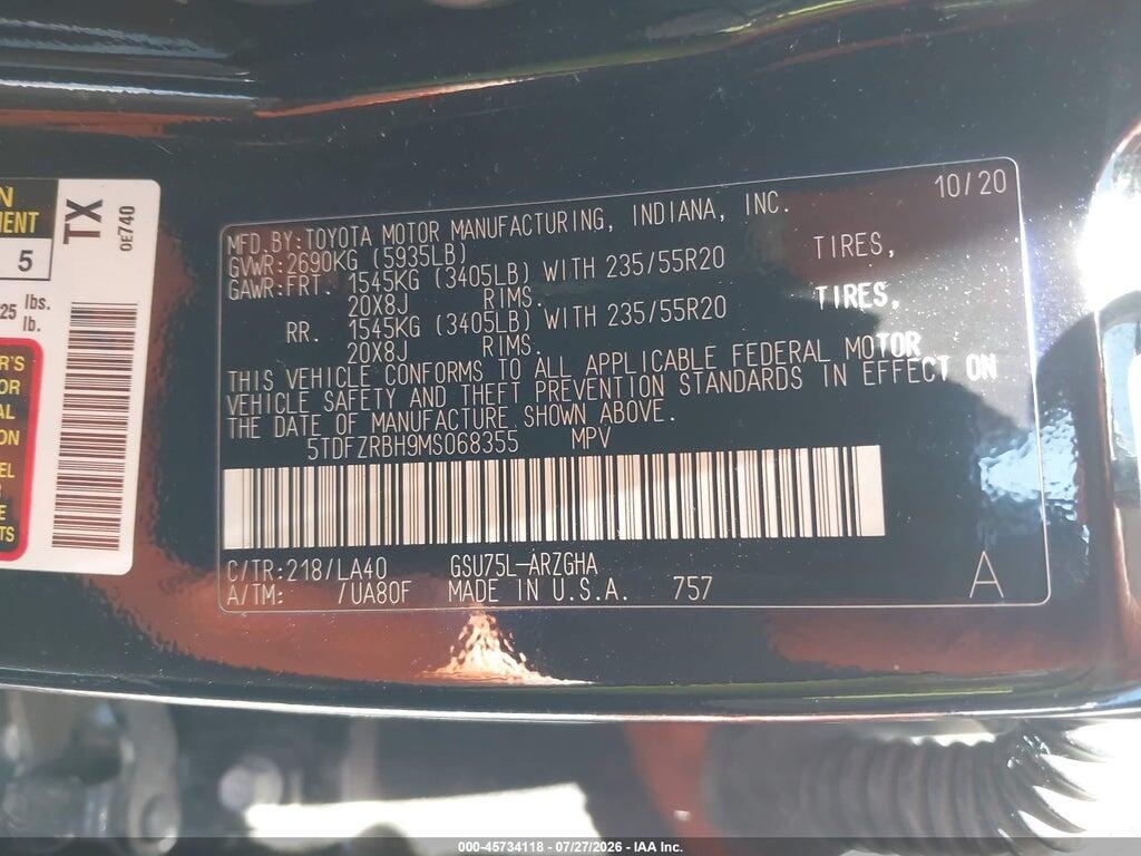 5TDFZRBH9MS068355 2021 TOYOTA HIGHLANDER photo no. 9