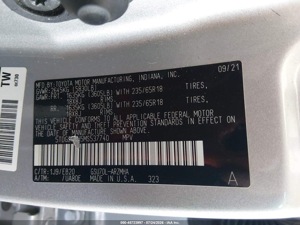 5TDGZRAH5MS537740 2021 TOYOTA HIGHLANDER photo no. 9