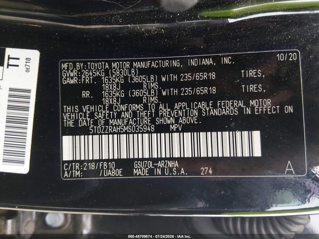 5TDZZRAH5MS035948 2021 TOYOTA HIGHLANDER photo no. 9