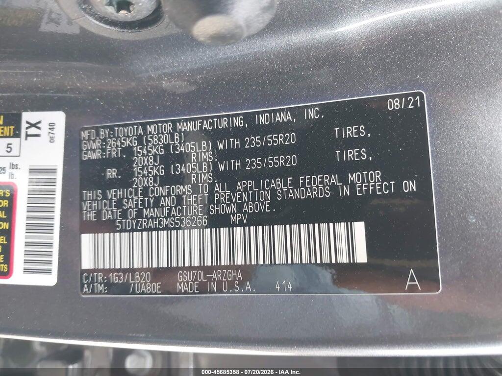 5TDYZRAH3MS536266 2021 TOYOTA HIGHLANDER photo no. 9